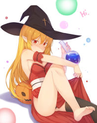 Rule 34 | 1girl, absurdres, bare legs, barefoot, black hat, black panties, black thighhighs, blonde hair, breasts, closed mouth, clothes lift, commentary request, detached sleeves, dress, dress lift, english text, feet, flask, hair between eyes, hallohi, hat, highres, jack-o&#039;-lantern, knee up, lifting own clothes, long hair, looking at viewer, medium breasts, orange eyes, original, panties, pantyshot, pointy ears, pumpkin, round-bottom flask, sash, side slit, single thighhigh, sitting, skirt, skirt lift, soles, solo, strapless, strapless dress, thighhighs, tube, underwear, upskirt, witch, witch hat
