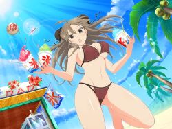 Rule 34 | 1girl, ahoge, barefoot, beach, bikini, black ribbon, blue sky, blush, bomb, breasts, brown eyes, brown hair, bun cover, cleavage, cloud, coconut, coconut tree, cup, day, double bun, drinking straw, earrings, explosive, flower, food, gluteal fold, groin, hair bun, highres, holding, holding cup, holding food, jewelry, large breasts, lens flare, linea alba, long hair, looking at viewer, mountain, mountainous horizon, musaceae, navel, official art, open mouth, outdoors, palm leaf, palm tree, red flower, renka (senran kagura), ribbon, sand, senran kagura, senran kagura estival versus, senran kagura new link, shaved ice, sky, solo, spilling, sweat, swimsuit, translation request, tree, underboob, water drop, white flower, yaegashi nan