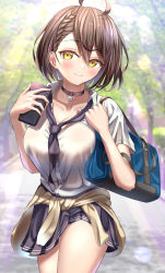 Rule 34 | 1girl, absurdres, ahoge, azuma (sospower73), azur lane, bag, baltimore (after-school ace) (azur lane), baltimore (azur lane), black choker, black necktie, black skirt, blush, braid, breasts, brown hair, cardigan, cardigan around waist, cellphone, choker, cleavage, closed mouth, clothes around waist, collarbone, collared shirt, commentary request, cowboy shot, french braid, hair between eyes, hands up, highres, holding, holding phone, large breasts, looking at viewer, loose necktie, necktie, official alternate costume, partial commentary, partially unbuttoned, phone, pleated skirt, school bag, school uniform, shirt, short hair, short sleeves, sidelocks, skirt, smartphone, smile, solo, standing, white shirt, yellow eyes