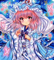 Rule 34 | 1girl, blue background, blue dress, blue hat, blue ribbon, bug, butterfly, closed mouth, dress, embellished costume, flower, frilled dress, frills, hat, insect, long sleeves, looking at viewer, marker (medium), medium hair, mob cap, pink flower, pink hair, red eyes, ribbon, ribbon-trimmed sleeves, ribbon trim, rui (sugar3), saigyouji yuyuko, sample watermark, smile, solo, touhou, traditional media, upper body, watermark, white veil, wide sleeves