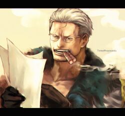 Rule 34 | 1boy, artist name, black gloves, cigar, commentary request, facial hair, glasses, gloves, highres, holding, holding paper, male focus, mouth hold, one piece, open mouth, paper, scar, short hair, smoke, smoker (one piece), solo, teeth, tsuyomaru, twitter username, white hair