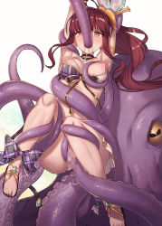 Rule 34 | 1girl, ahoge, ankle ribbon, arms up, beach, bikini, blush, bow, breasts, breasts out, brown eyes, brown hair, censored, censored nipples, diantha (granblue fantasy), empty eyes, flower, granblue fantasy, hair flower, hair ornament, ibuki notsu, leg ribbon, long hair, medium breasts, mosaic censoring, navel, octopus, rape, ribbon, sandals, side ponytail, simple background, solo, swimsuit, tears, tentacle sex, tentacles, white background