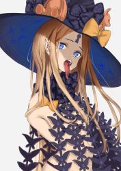 Rule 34 | 1girl, abigail williams (fate), black bow, blonde hair, blue eyes, bow, breasts, fate/grand order, fate (series), hat, long hair, long tongue, open mouth, pointy ears, revealing clothes, small breasts, solo, tongue, tongue out, topless, very long hair, witch hat