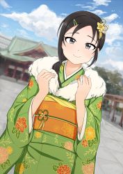 Rule 34 | 1girl, absurdres, aoki kei, black hair, blue sky, cloud, cloudy sky, day, dutch angle, floral print, flower, green kimono, grey eyes, hair flower, hair ornament, hair over shoulder, hairclip, highres, idolmaster, idolmaster cinderella girls, japanese clothes, kimono, long hair, long sleeves, looking at viewer, outdoors, pink flower, ponytail, print kimono, red flower, aoki kei, sash, sky, smile, solo, trainer (idolmaster), upper body, ushimochi, wide sleeves, yellow flower