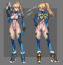 Rule 34 | 1girl, adapted costume, ass, blonde hair, blue eyes, blue leotard, breasts, butt crack, commission, covered erect nipples, covered navel, directed-energy weapon, energy gun, energy weapon, from behind, full body, grey background, gun, handgun, heel-less heels, high heels, highleg, highleg leotard, highres, holding, holding gun, holding weapon, impossible clothes, impossible leotard, leotard, long hair, looking at viewer, looking back, medium breasts, metroid, mole, mole under mouth, multiple views, navel, nintendo, nipples, ponytail, samus aran, see-through, see-through leotard, shiny clothes, sidelocks, skeb commission, skin tight, standing, takada kazuhiro, weapon, zero suit