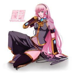 Rule 34 | arm support, bad id, bad pixiv id, green eyes, long hair, megurine luka, microphone, pink hair, sitting, solo, thighhighs, vocaloid, wii hola
