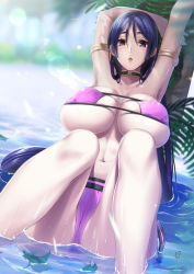 Rule 34 | 1girl, armlet, armpits, arms behind head, arms up, bare shoulders, bikini, blush, breasts, choker, eyepatch bikini, fate/grand order, fate (series), highres, large breasts, lens flare, long hair, looking at viewer, minamoto no raikou (fate), minamoto no raikou (fate/grand order), minamoto no raikou (swimsuit lancer) (fate), navel, open mouth, palm tree, parted bangs, purple bikini, purple eyes, purple hair, sitting, suzuki nene, swimsuit, thighs, tree, very long hair, water, wet