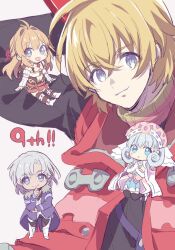 Rule 34 | 2boys, 2girls, :d, :o, alvis (xenoblade), black thighhighs, blonde hair, blue eyes, boots, brown shirt, cape, chibi, coat, dress, elbow gloves, fiora (xenoblade), full body, gloves, hand on own chin, himeno345, holding, holding sword, holding weapon, jacket, long hair, long sleeves, looking at viewer, melia antiqua, multiple boys, multiple girls, navel, open mouth, purple coat, red jacket, shirt, short hair, shulk (xenoblade), simple background, smile, sword, thigh boots, thighhighs, weapon, weapon on back, white background, white cape, white dress, white gloves, white sleeves, xenoblade chronicles (series), xenoblade chronicles 1