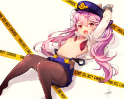 Rule 34 | 1girl, :o, arms up, bad id, bad pixiv id, beige background, black pantyhose, blue hat, blue skirt, bound, bound wrists, breasts, caution tape, collared shirt, cuffs, dress shirt, hagha, hair between eyes, hair ornament, handcuffs, hat, highres, long hair, long sleeves, looking at viewer, miniskirt, necktie, nipples, open clothes, open mouth, open shirt, original, pantyhose, peaked cap, pink hair, police, police uniform, policewoman, red eyes, red necktie, restrained, shade, shirt, simple background, skirt, small breasts, solo, star (symbol), suspender skirt, suspenders, tears, thighband pantyhose, twintails, uniform, untied, upskirt, white shirt