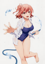 Rule 34 | 1girl, :d, absurdres, bare legs, blue one-piece swimsuit, breasts, cleavage, collarbone, collared shirt, dress shirt, feet, foot out of frame, hair bun, highres, holding, holding hose, hose, knees together feet apart, large breasts, long sleeves, looking at viewer, official art, one-piece swimsuit, open clothes, open mouth, open shirt, orange hair, outstretched arm, red eyes, scan, school swimsuit, see-through, shirt, sidelocks, simple background, single hair bun, smile, solo, standing, standing on one leg, swimsuit, teeth, thigh gap, thighs, upper teeth only, water, water drop, wet, wet clothes, white background, white shirt, yahari ore no seishun lovecome wa machigatteiru., yuigahama yui