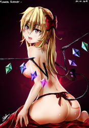 Rule 34 | 1girl, ass, bare back, barefoot, black background, blonde hair, bow, bow panties, breasts, character name, dated, demon tail, eru-sennin, fang, flandre scarlet, from behind, highres, laevatein, looking at viewer, looking back, open mouth, panties, red eyes, red panties, sideboob, signature, simple background, sitting, solo, tail, touhou, underwear, vampire, wariza