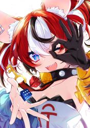 Rule 34 | 1girl, ;d, absurdres, animal ear fluff, animal ears, asymmetrical sleeves, binishu, black collar, black gloves, black hair, blue eyes, cheese, collar, dice, food, gloves, hair between eyes, hakos baelz, highres, hololive, hololive english, key, long sleeves, looking at viewer, mismatched sleeves, mouse ears, multicolored hair, ok sign, ok sign over eye, one eye closed, open mouth, red hair, sharp teeth, shirt, simple background, single glove, smile, solo, spiked collar, spikes, streaked hair, teeth, twintails, upper body, upper teeth only, virtual youtuber, white background, white hair, white shirt