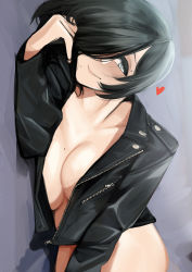 Rule 34 | 1girl, absurdres, black hair, black jacket, blush, breasts, cleavage, closed mouth, collarbone, grey eyes, hair over one eye, heart, highres, jacket, leather, leather jacket, lips, long sleeves, looking at viewer, lying, medium breasts, mole, mole under mouth, naked jacket, on side, open clothes, open jacket, original, pupi (rain prophet), smile, solo, zipper
