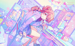 1girl bag cellphone chair commentary_request dressing_room highres jacket jiwoo_owo9 kimi_to_tsumugu_precious_memories_(project_sekai) long_hair long_sleeves looking_at_viewer looking_back miniskirt momoi_airi official_alternate_costume official_style parody phone pink_hair project_sekai red_eyes sitting skirt solo stuffed_toy style_parody table thighs two_side_up vanity_table white_footwear