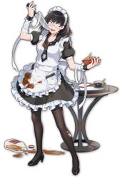Rule 34 | 1girl, apron, artist request, bandaged arm, bandages, black footwear, black hair, black necktie, bottle, coffee cup, cup, disposable cup, earrings, food, game cg, high heels, highres, holding, holding food, holding knife, houndstooth, ikishima midari, jewelry, kakegurui, knife, looking at viewer, mahjong soul, maid, maid apron, maid headdress, nail polish, necktie, official art, one eye covered, pantyhose, plastic bottle, purple lips, purple nails, simple background, spill, stained clothes, stud earrings, table, takoyaki, third-party source, torn clothes, torn legwear, transparent background, yellow eyes, yostar