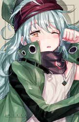 Rule 34 | 1girl, ;o, aqua hair, arm up, bad id, bad pixiv id, black scarf, blush, brown eyes, clenched hand, coat, copyright name, g11 (girls&#039; frontline), girls&#039; frontline, green background, green coat, green hat, grey shirt, half-closed eye, hat, headband, long hair, long sleeves, looking at viewer, one eye closed, open clothes, open coat, open mouth, plaid, scarf, shirt, sleepy, solo, tiny (tini3030)