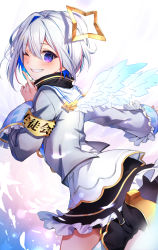 Rule 34 | 1girl, absurdres, amane kanata, amane kanata (1st costume), angel, angel wings, armband, asymmetrical bangs, asymmetrical hair, black footwear, black skirt, blue hair, blue wings, blush, bob cut, boots, colored inner hair, cropped jacket, finger to mouth, frilled skirt, frills, from behind, from side, gradient wings, grey jacket, grin, hair between eyes, hair over one eye, halo, herigaru (fvgyvr000), highres, hololive, index finger raised, jacket, long sleeves, looking at viewer, mini wings, miniskirt, multicolored hair, multicolored wings, one eye closed, pink hair, purple eyes, sailor collar, school uniform, shirt, short hair, shushing, silver hair, single hair intake, skirt, sleeve cuffs, smile, solo, star halo, streaked hair, turtleneck, virtual youtuber, white shirt, white wings, wide sleeves, wings