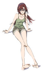 Rule 34 | 1girl, barefoot, blue eyes, brown hair, camisole, feet, glasses, highres, long hair, looking at viewer, makinami mari illustrious, neon genesis evangelion, shorts, simple background, soles, solo, toes, white background