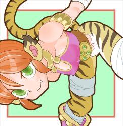 Rule 34 | 1girl, animal ears, bandaged leg, bandages, bare shoulders, body fur, bottomless, breasts, breath of fire, breath of fire ii, closed mouth, covered erect nipples, fang, fang out, green eyes, medium breasts, orange hair, rinpoo chuan, short hair, sicky (pit-bull), smile, solo, striped tail, tail, tiger ears, tiger girl, tiger tail