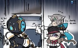 Rule 34 | 1girl, 2boys, absurdres, animal ears, bow, bowtie, carrying, cat ears, cat girl, cat tail, cleaning, diving suit, droopy ears, english text, freminet (genshin impact), genshin impact, gloves, grey hair, hair bow, hair ribbon, hat, highres, holding, holding instrument, indoors, instrument, kitchen, long hair, long sleeves, looking at another, low ponytail, lynette (genshin impact), lyney (genshin impact), multiple boys, nervous sweating, parted bangs, piggyback, purple eyes, red bow, red bowtie, ribbon, scared, sesield, siblings, sidelocks, simple background, sketch, standard diving dress, sweat, tail, top hat, trembling, twins, white gloves
