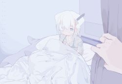Rule 34 | 1girl, bed sheet, blue eyes, curtains, eyepatch, gauze, highres, knife, knife in head, long hair, looking at viewer, object through head, original, out of frame, outo eguchi, pillow, scar, see-through, see-through shirt, solo, stuffed animal, stuffed toy, under covers