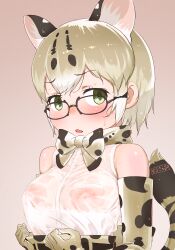 Rule 34 | 1girl, animal ear fluff, animal ears, bare shoulders, black-framed eyewear, blonde hair, bow, bowtie, breasts, brown background, cat ears, cat girl, cat tail, commentary request, elbow gloves, extra ears, glasses, gloves, green eyes, highres, kemono friends, looking at viewer, margay (kemono friends), margay print, masuyama ryou, medium breasts, nipples, no bra, open mouth, print bow, print bowtie, print gloves, see-through, see-through shirt, shirt, short hair, simple background, sleeveless, sleeveless shirt, solo, tail, upper body, white shirt