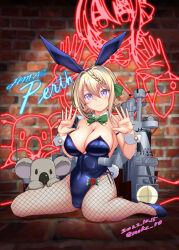 Rule 34 | 1girl, alternate costume, badge, blonde hair, blue leotard, bow, bowtie, braid, braided bangs, braided bun, breasts, brick wall, cleavage, commentary request, dated, fishnet pantyhose, fishnets, green bow, green bowtie, hair bun, kantai collection, koala, large breasts, leotard, long hair, machinery, moke ro, pantyhose, perth (kancolle), purple eyes, searchlight, side-tie leotard, sitting, solo, strapless, strapless leotard, twitter username, wariza, waving