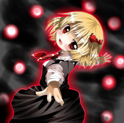 Rule 34 | 1girl, :d, bad id, bad pixiv id, blonde hair, blush, bow, colorized, danmaku, fang, female focus, glowing, hair bow, highres, ichirugi, long sleeves, looking at viewer, looking back, miko machi, necktie, open mouth, outstretched arms, red eyes, rumia, short hair, skirt, skirt set, smile, solo, spread arms, touhou