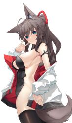 Rule 34 | 1girl, absurdres, ahoge, animal ears, aoria, armpits, black leotard, black thighhighs, blue eyes, breasts, brown hair, cleavage, fox ears, fox girl, fox shadow puppet, fox tail, highres, jacket, large breasts, leotard, long hair, looking at viewer, open clothes, open jacket, original, ponytail, simple background, smile, solo, tail, thighhighs, white background, white jacket