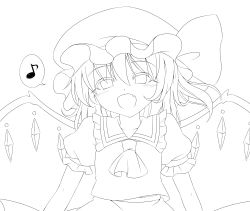 Rule 34 | 1girl, :d, absurdres, ascot, blush, fang, flandre scarlet, greyscale, haruki (colorful macaron), hat, hat ribbon, highres, lineart, looking at viewer, monochrome, musical note, open mouth, quaver, ribbon, short hair, side ponytail, smile, solo, speech bubble, spoken musical note, touhou, transparent background, wings