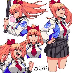 Rule 34 | 1girl, baseball bat, blue eyes, blunt bangs, bow, breasts, character name, chewing gum, clenched hands, collared shirt, cosmetics, cross, cross earrings, dingdaydream, earrings, hair bow, half-closed eyes, hand on own hip, holding, holding baseball bat, jacket, jewelry, kunio-kun series, kyoko (kunio-kun), long sleeves, multiple views, necktie, open clothes, orange hair, pleated skirt, ponytail, red bow, red neckwear, river city girls, school uniform, shirt, simple background, skirt, smile, teeth, upper teeth only, white background