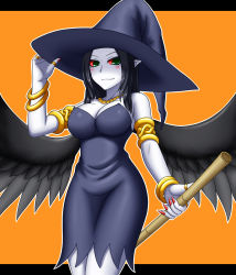 Rule 34 | 1girl, alternate costume, armband, bare shoulders, black dress, black hair, black wings, blush, bracelet, breasts, broom, cleavage, colored sclera, cosplay, dress, duel monster, fabled grimro, female focus, fingernails, green eyes, hand on headwear, hat, holding, jewelry, letterboxed, long fingernails, long hair, long image, looking at viewer, lots of jewelry, multicolored eyes, nail polish, necklace, orange background, pale skin, pataneet, pointy ears, red nails, red sclera, ring, shiny skin, simple background, smile, solo, standing, strapless, strapless dress, tall image, wings, witch, witch hat, yu-gi-oh!, yu-gi-oh! duel monsters