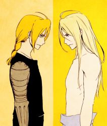 Rule 34 | 2boys, amputee, blonde hair, braid, edward elric, enol001, eye contact, father (fma), fullmetal alchemist, looking at another, mechanical arms, multiple boys, single mechanical arm, spoilers, yellow eyes