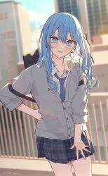 Rule 34 | 1girl, absurdres, alternate costume, bag, blue eyes, blue hair, blue necktie, building, cardigan, collared shirt, earrings, hair between eyes, hair ribbon, hand on own hip, highres, hololive, hoshimachi suisei, jewelry, long hair, looking at viewer, necktie, one side up, open mouth, outdoors, plaid, plaid skirt, pleated skirt, railing, ribbon, school bag, school uniform, shirt, signature, skirt, smile, solo, tsukino (nakajimaseiki), virtual youtuber, white shirt