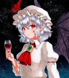 Rule 34 | 1girl, ascot, bad id, bad pixiv id, bat wings, bow, brooch, closed mouth, cup, drinking glass, expressionless, hair between eyes, hat, hat bow, holding, jewelry, juliet sleeves, long sleeves, looking at viewer, mob cap, pointy ears, puffy sleeves, qqqrinkappp, red bow, red eyes, remilia scarlet, sample watermark, short hair, silver hair, solo, touhou, traditional media, upper body, watermark, white hat, wine glass, wings