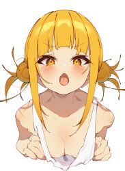 Rule 34 | 1girl, absurdres, blonde hair, boku no hero academia, breasts, breasts squeezed together, cleavage, collarbone, double bun, hair bun, highres, looking at viewer, medium breasts, open mouth, rasusurasu, short hair, simple background, solo, tank top, toga himiko, white background, white tank top, yellow eyes