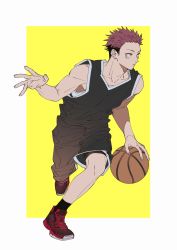 Rule 34 | 1boy, alternate costume, ball, bare shoulders, basketball, basketball (object), basketball uniform, bike shorts, black hair, black shirt, black shorts, black socks, border, collarbone, cross-laced footwear, facial mark, flat color, forehead, hand up, highres, holding, holding ball, itadori yuuji, jujutsu kaisen, leg up, looking to the side, male focus, multicolored hair, orange eyes, outside border, parted lips, red footwear, red hair, running, shirt, shoes, short hair, shorts, simple background, sleeveless, sleeveless shirt, sneakers, socks, solo, sportswear, tenobe, two-tone hair, undershirt, white border, yellow background