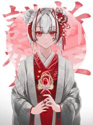 Rule 34 | 1girl, absurdres, antenna hair, arknights, demon horns, double bun, dress, flower, grey kimono, hair bun, highres, holding, horns, japanese clothes, kimono, long sleeves, looking at viewer, myb52, nail polish, red dress, red eyes, red flower, red nails, short hair, simple background, solo, upper body, w (arknights), white dress, white flower, white hair