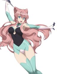 Rule 34 | 1girl, absurdres, arm up, bodysuit, breasts, chuunioniika, covered navel, elbow gloves, gloves, green eyes, half updo, highres, holding, holding weapon, large breasts, long hair, maria cadenzavna eve, open mouth, outstretched arm, pink hair, senki zesshou symphogear, skin tight, solo, symphogear pendant, transparent background, updo, very long hair, weapon