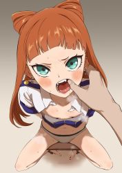 Rule 34 | 1boy, 1girl, aikatsu! (series), aikatsu stars!, arms behind back, barefoot, blunt bangs, blush, bound ankles, cone hair bun, earrings, fangs, finger in another&#039;s mouth, flat chest, gradient background, green eyes, grey background, grey panties, hair bun, highres, jewelry, looking at viewer, navel, open mouth, orange hair, osame, panties, pov, pov hands, restrained, saliva, saotome ako, scowl, solo focus, star (symbol), star earrings, underwear