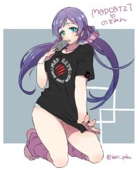 Rule 34 | 10s, 1girl, barefoot, blush, breasts, card, clothes writing, full body, green eyes, karipaku, kneeling, leg warmers, long hair, love live!, love live! school idol project, low twintails, mad catz, medium breasts, mouth hold, no pants, panties, playing card, purple hair, scrunchie, shirt, shirt tug, solo, t-shirt, toes, tojo nozomi, twintails, twitter username, underwear, white panties