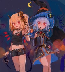 Rule 34 | 2girls, :d, alternate costume, bare legs, bat wings, belt, black dress, black shirt, black shorts, blonde hair, blue hair, blurry, blush, bokeh, breasts, brooch, choker, closed mouth, cowboy shot, crescent, crop top, cross, depth of field, dress, expressionless, fangs, flandre scarlet, hair ribbon, hat, highres, holding, holding wand, horns, jewelry, laevatein (tail), long sleeves, looking at viewer, midriff, multiple girls, night, night sky, open mouth, red eyes, reddizen, remilia scarlet, ribbon, shirt, short hair, shorts, side ponytail, single sleeve, sketch, sky, small breasts, smile, standing, star (sky), tail, thighs, touhou, wand, wide sleeves, wings, witch hat