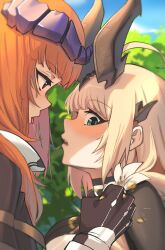 Rule 34 | 2girls, absurdres, arknights, bagpipe (arknights), blonde hair, blue sky, breasts, clenched hand, cloud, commentary, day, flower, green eyes, highres, horns, large breasts, long hair, looking at another, looking at viewer, multiple girls, open mouth, orange hair, radioneet, reed (arknights), reed the flame shadow (arknights), saliva, saliva trail, sky, tongue, tongue out, upper body, white flower, yuri