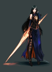 Rule 34 | 1girl, armor, bare shoulders, black hair, blue eyes, boots, breastplate, bridal gauntlets, castlevania (series), castlevania: order of ecclesia, dress, energy blade, full body, glowing, glowing weapon, goth fashion, greaves, highres, long hair, magic, roguetwo, shanoa, shoes, signature, simple background, smile, solo, standing, tattoo, thigh boots, thighhighs, very long hair, weapon