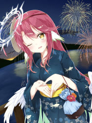 Rule 34 | 1girl, amatsuji, angel wings, bag, blush, breasts, commentary request, spiked halo, cross, feathered wings, fireworks, gradient hair, halo, japanese clothes, jibril (no game no life), kimono, long hair, looking at viewer, low wings, magic circle, mask, mask on head, medium breasts, multicolored hair, no game no life, obi, one eye closed, open mouth, pink hair, sash, smile, solo, standing, summer festival, symbol-shaped pupils, very long hair, white wings, wing ears, wings, yellow eyes, yukata