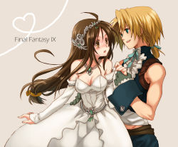 Rule 34 | 1boy, 1girl, bad id, bad pixiv id, breasts, brown eyes, brown hair, cleavage, colorized, commentary request, couple, dress, final fantasy, final fantasy ix, futatsuki (perfect lovers), garnet til alexandros xvii, gloves, green eyes, holding hands, jewelry, long hair, low-tied long hair, medium breasts, necklace, niwa toriko, official alternate costume, short hair, tail, tiara, very long hair, wedding dress, zidane tribal