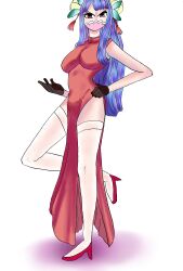 Rule 34 | 1girl, alternate costume, angry, blue hair, china dress, chinese clothes, collarbone, collared dress, dress, full body, gloves, hair ornament, heel up, heels, long sleeves, looking at viewer, mask, mouth mask, multicolored hair, one piece, pink eyes, red dress, sorambk, ulti (one piece), undersized clothes, white background