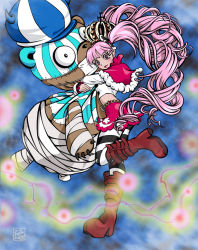 Rule 34 | 1girl, bandages, bear, blush, boots, brown eyes, bururururu, capelet, crown, curly hair, full body, hat, hug, knee boots, kumacy, long hair, mask, md5 mismatch, midriff, o o, one piece, pantyhose, perona, pink hair, red footwear, resolution mismatch, shirt, shoes, skirt, smile, source larger, striped clothes, striped pantyhose, thriller bark, twintails