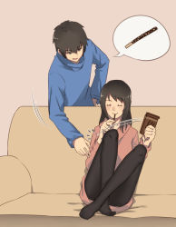 Rule 34 | 1boy, 1girl, aged up, black pantyhose, brown eyes, brown hair, closed eyes, couch, couple, crossed legs, food, food in mouth, hetero, highres, kimi no na wa., miyamizu mitsuha, pantyhose, pink background, pocky, simple background, sitting, smile, speech bubble, squidsmith, sweater, tachibana taki