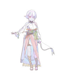 Rule 34 | 1girl, absurdres, arrow (projectile), bare shoulders, blouse, blue skin, boots, bow (weapon), braid, closed mouth, clothing cutout, colored skin, ear ornament, enkyo yuuichirou, eyes visible through hair, full body, highres, holding, holding bow (weapon), holding weapon, knife, long sleeves, looking at viewer, original, pointy ears, quiver, red eyes, sash, shirt, short hair, shoulder cutout, side braid, silver hair, simple background, skirt, solo, standing, toeless footwear, toeless legwear, waist cape, weapon, weapon on back, white background, white shirt